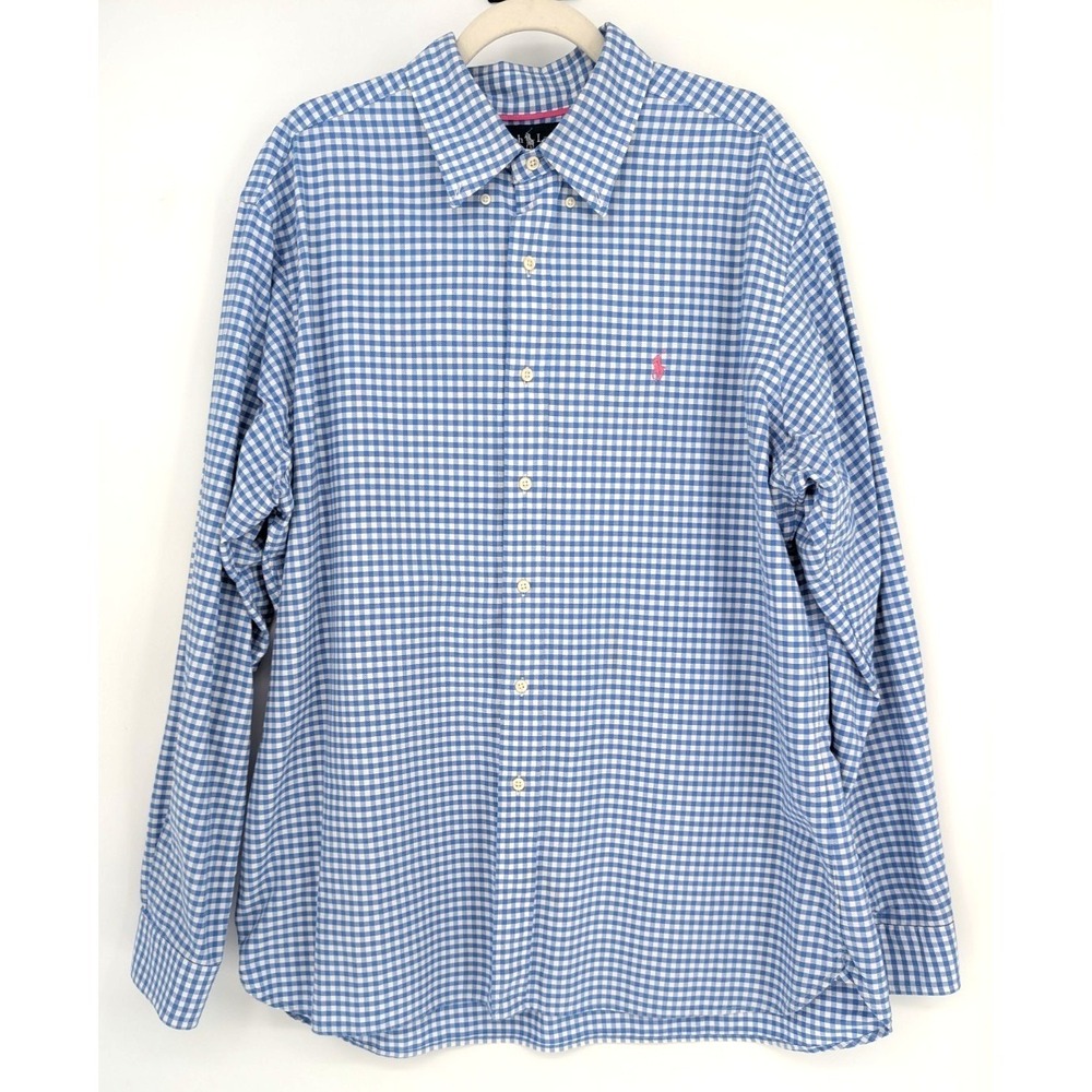 Ralph Lauren Classic Fit‎ Oxford Shirt Mens Blue Gingham Check Pony Logo XL Prep